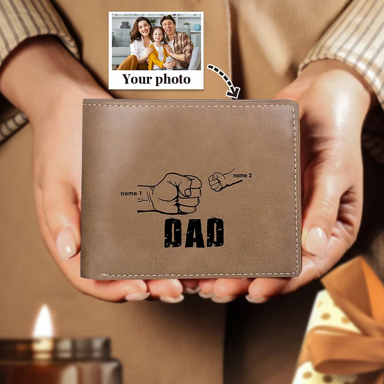 Custom Men Leather Wallet Personalized Fist Bump Folding Wallet with 2 Names Father's Day Gift