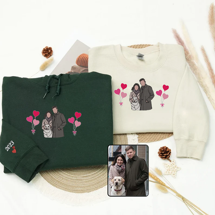 Personalized Couple and Pet Photo Embroidered Sweatshirt Hoodie T-shirt, Valentine's Day Gifts