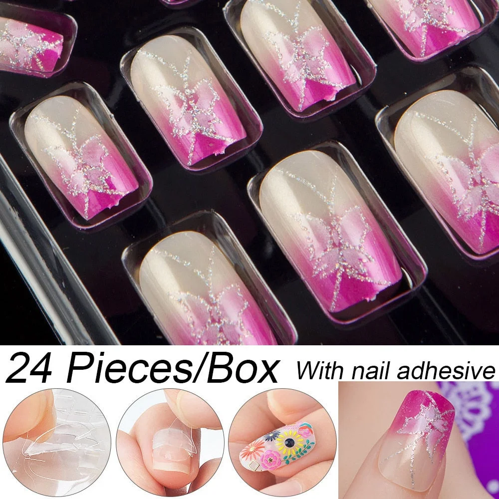 Fashion 24pc/set 10 Sizes Fake Nails Full Cover French False Nail Tips With Double-Sided Nail Adhesive Tab Press On Coffin Nail-Nail Inspo