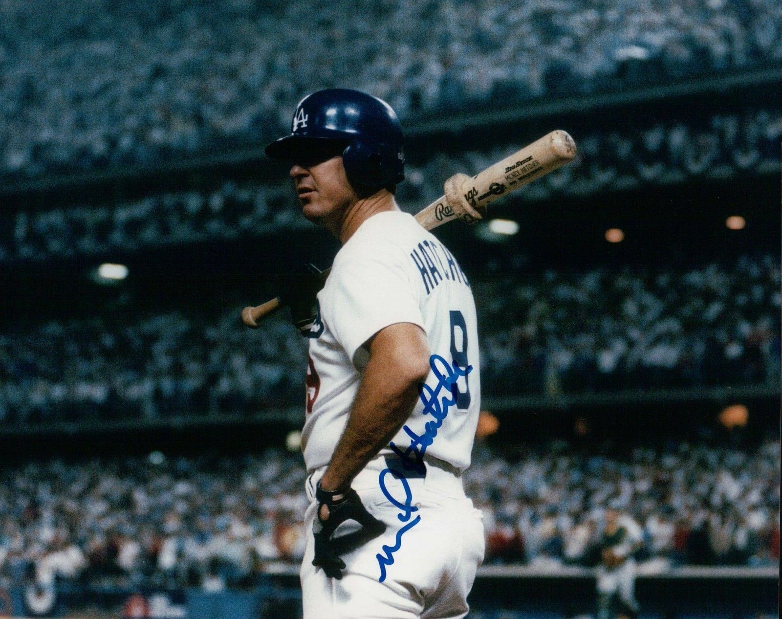 Mickey Hatcher Signed 8X10 Photo Poster painting Autograph LA Dodgers On Deck Blue Auto w/COA