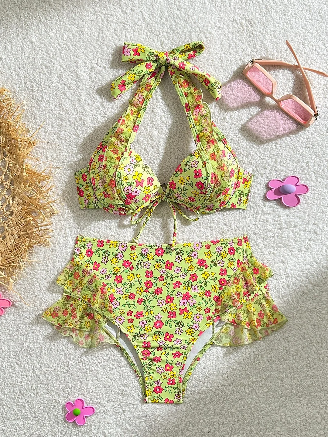 Brownm 2024 New Small Fresh Print High-Waisted Fly-Side Swimsuit Bikini Bikini