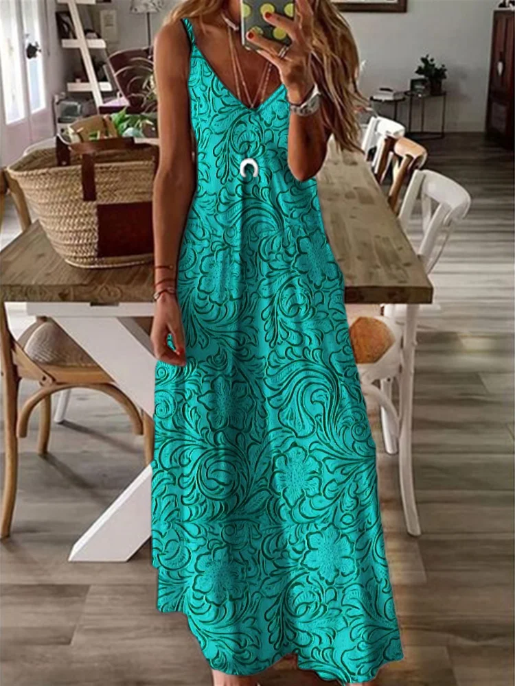 VChics Western Turquoise Floral Leather Art Maxi Dress