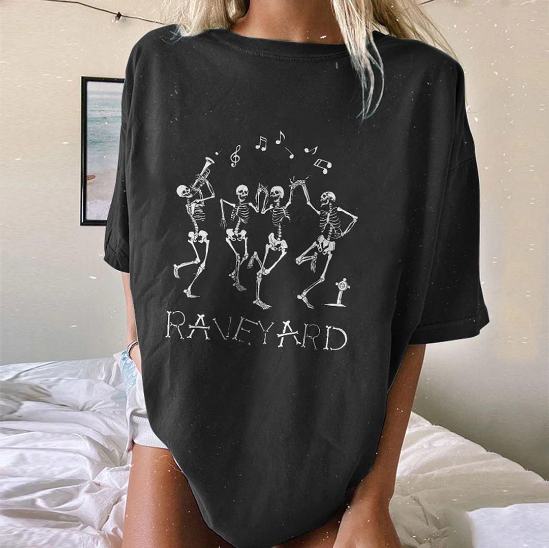 RAVEYARD Casual Graphic Casual Black Print Loose-fit T-shirt