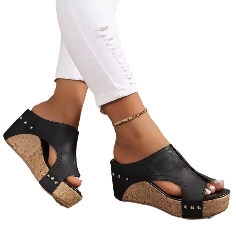 Yyvonne Slope And Fish Mouth Cool Slippers Women Summer New Rivet Pine Cake Thick Bottom High Heel Slippers