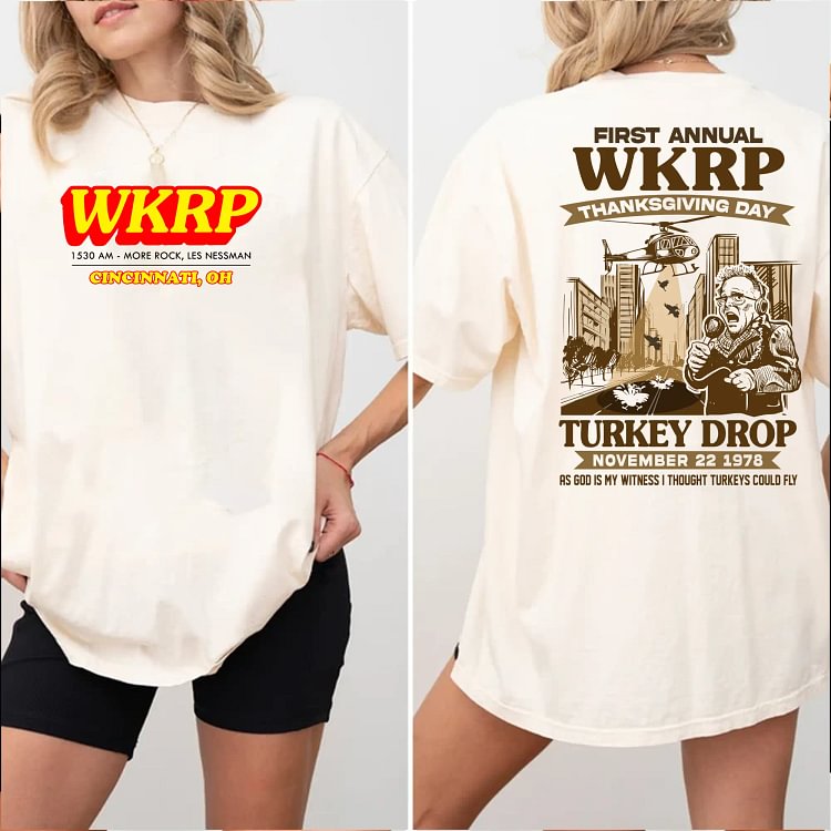 Unisex Vintage WKRP Thanksgiving Turkey Drop Graphic T-Shirt / Hoodie / Sweatshirt &ndash; Personalized Retro TV Style Fall Apparel