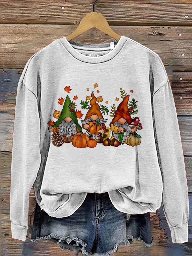 Women's Thanksgiving Gnomes Fall Cute Gnome Art Print Casual Sweatshirt socialshop