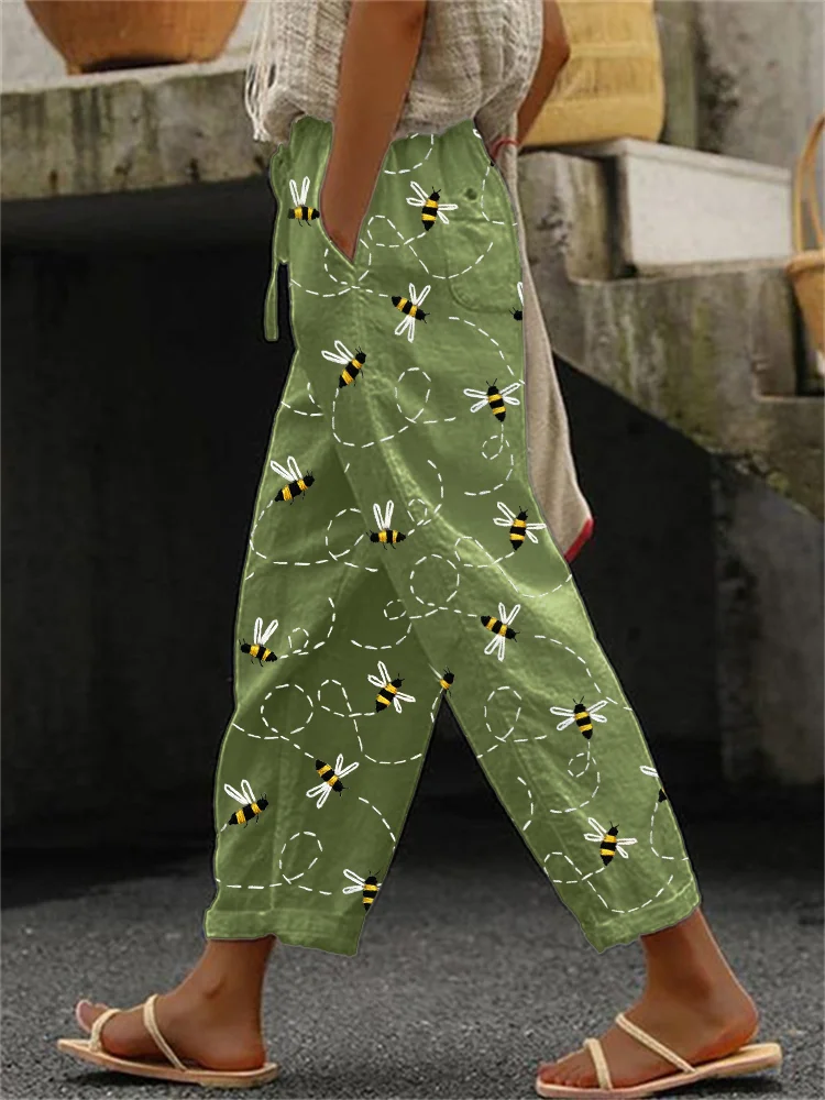 VChics Flying Bees Embroidered Linen Blend Casual Pants
