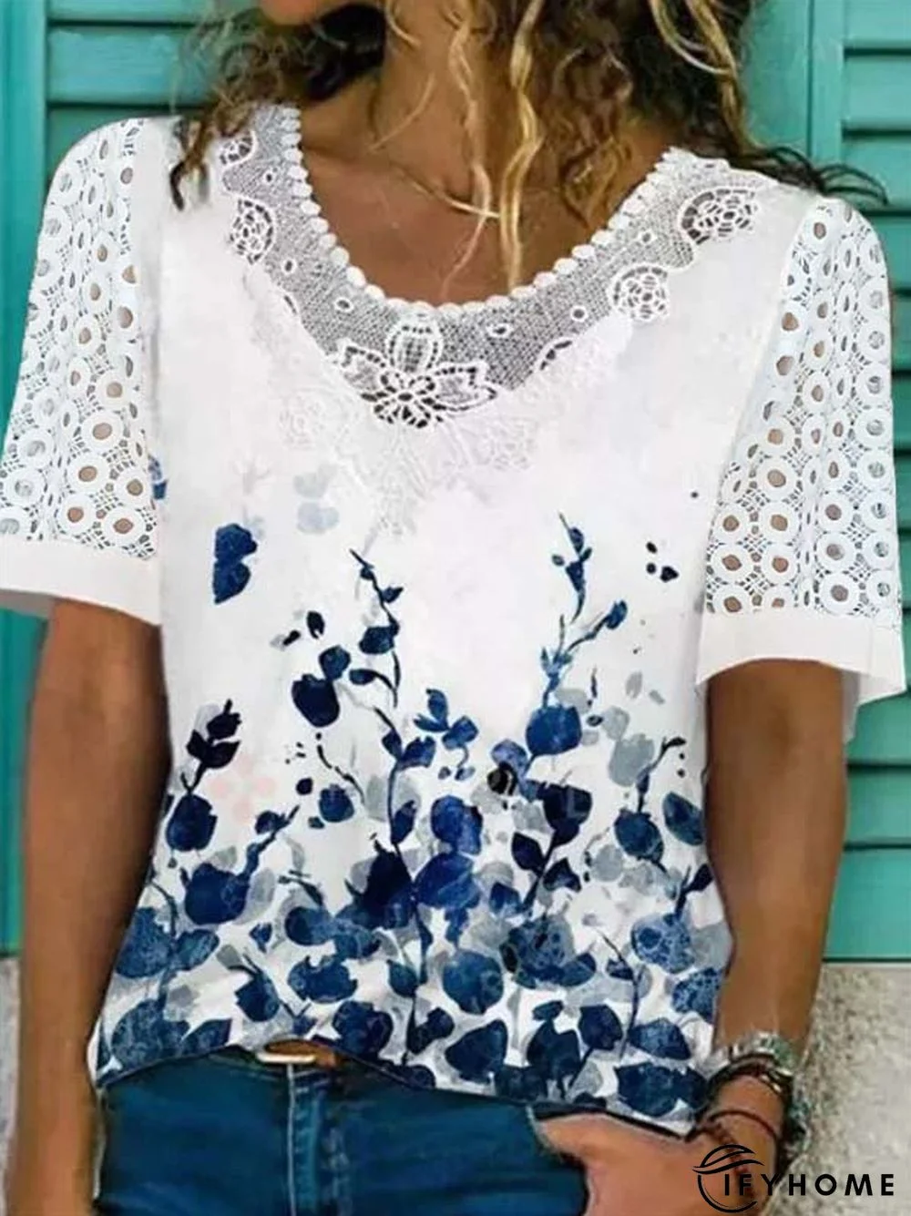 Floral Lace Crew Neck Short Sleeve Casual T-Shirt | IFYHOME