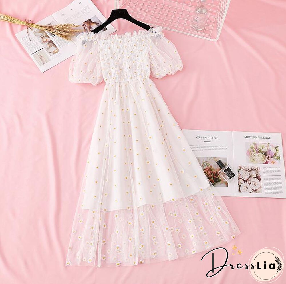 Small Daisies Embroidery Mesh Dresses Women Sexy Off The Shoulder French Vintage Party Ruffle Dresses Elegant Vestidos