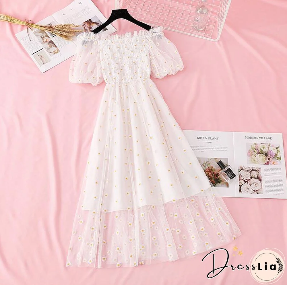 Small Daisies Embroidery Mesh Dresses Women Sexy Off The Shoulder French Vintage Party Ruffle Dresses Elegant Vestidos