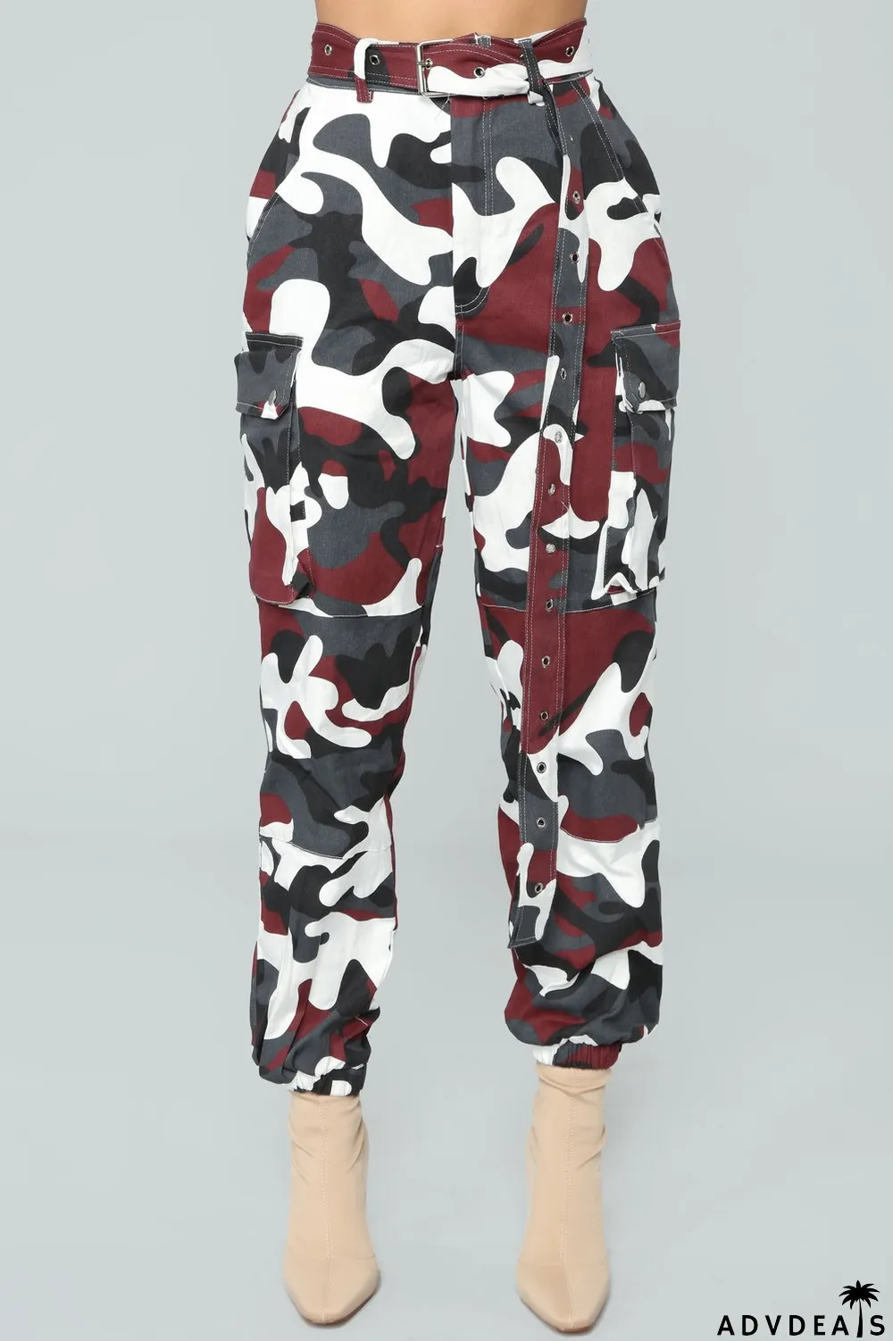 Spring High Waist Camou Cargo Pants with Belt