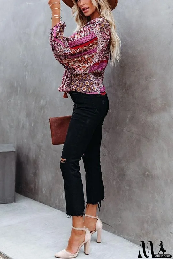 MidiSono - Patchwork Printed Drawstring Blouse