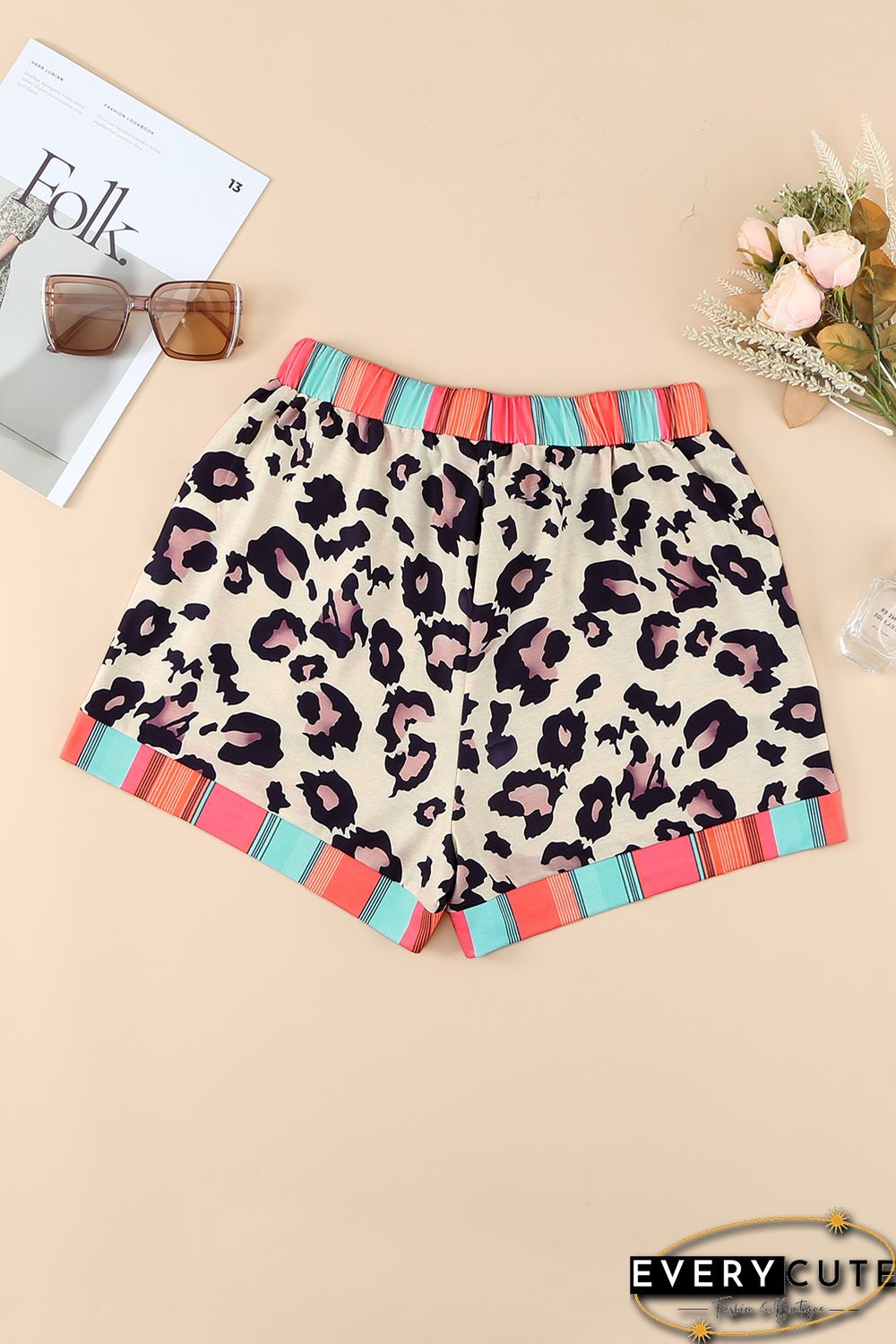 Leopard Striped Patchwork Drawstring Mid Waist Shorts