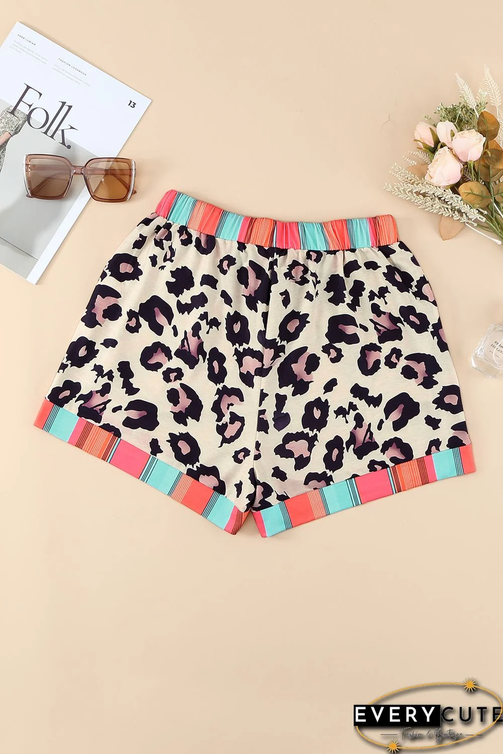 Leopard Striped Patchwork Drawstring Mid Waist Shorts