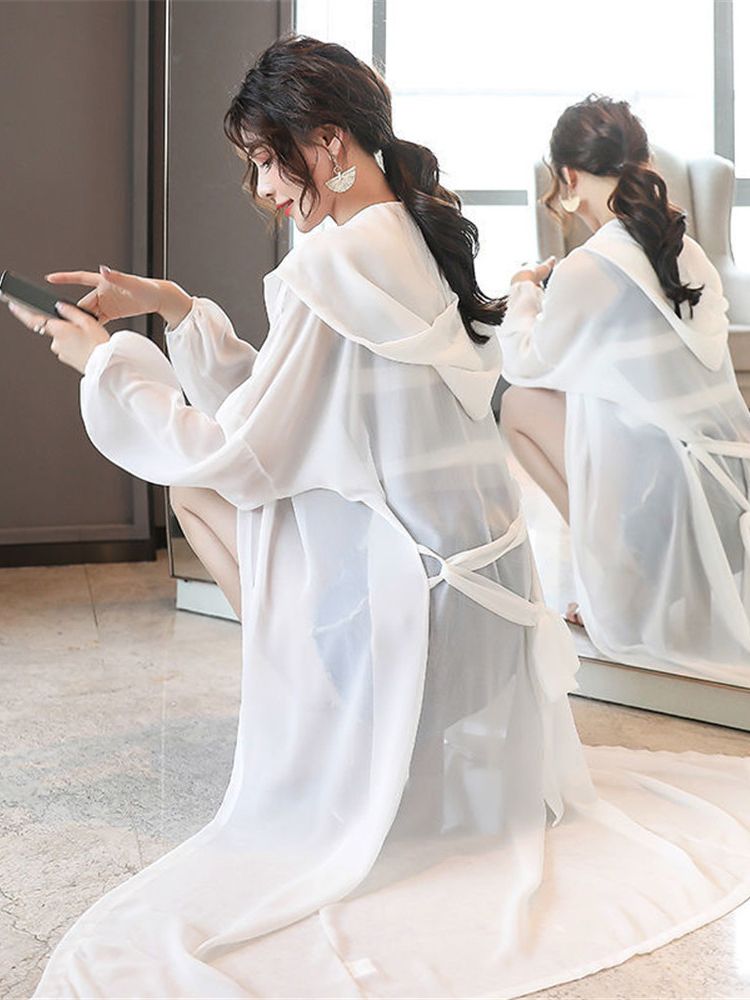 Ballifyex 2025 Fashion Women Blouse Summer Puff Sleeve Simple Loose Chiffon Shirt Cardigan Hooded Long Kimono Ladies Tops Sun-protective
