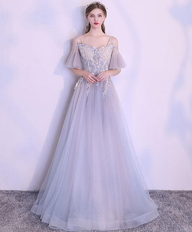 Unique Gray Tulle Lace Applique Long Prom Dress, Gray Evening Dress