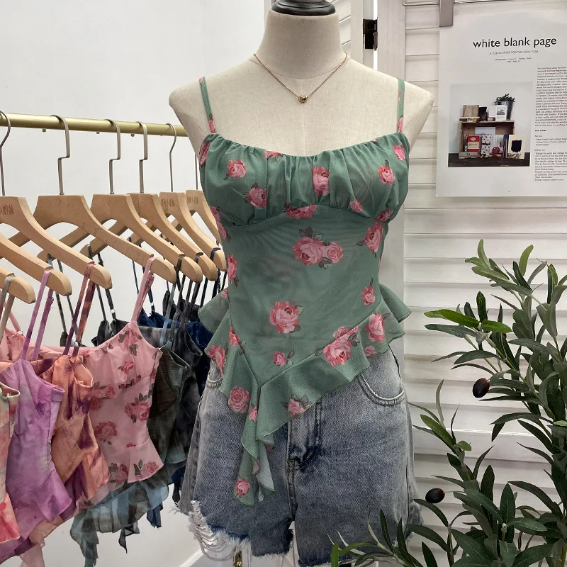 Nigikala Nigikala Shoot 辣tie Bra Irregular Sling Sling Vest Slimming Print Mesh Sleeveless Top 8950