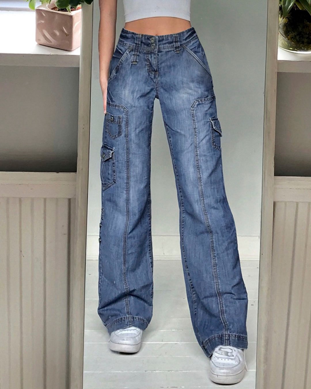 Fashionv-Retro Flap Pocket Wide Leg Jeans