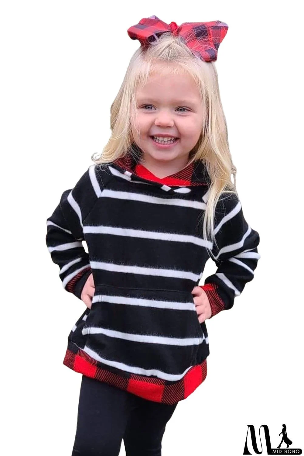 MidiSono - Buffalo Plaid Stripe Kids's Hoodie with Kangaroo Pocket