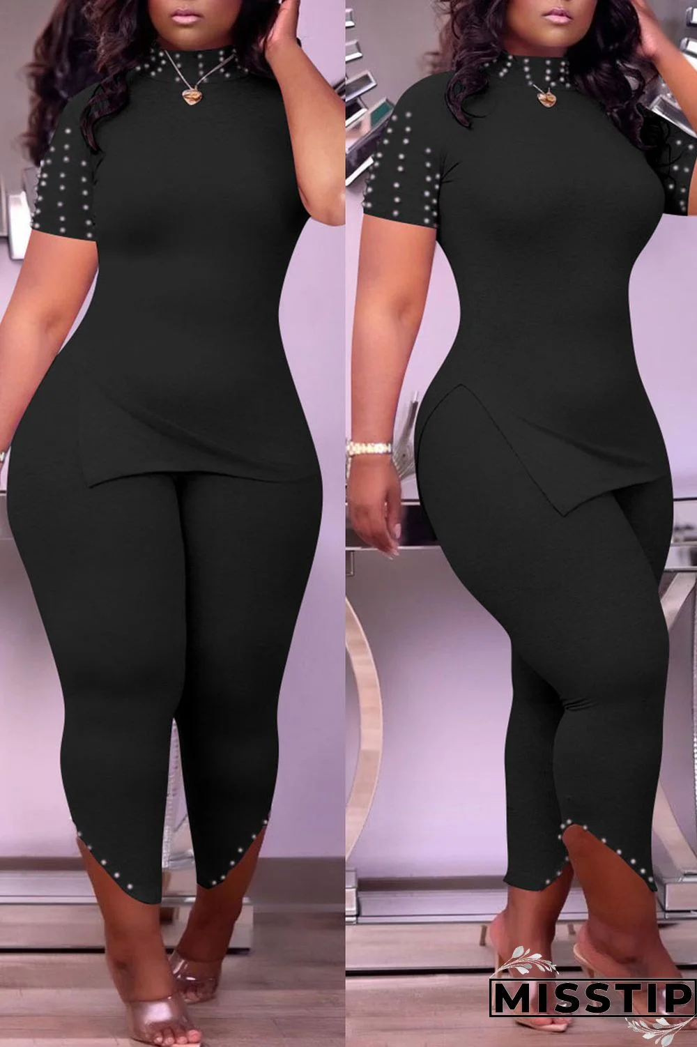 Burgundy Casual Solid Patchwork Slit Beading Half A Turtleneck Short Sleeve Two Pieces