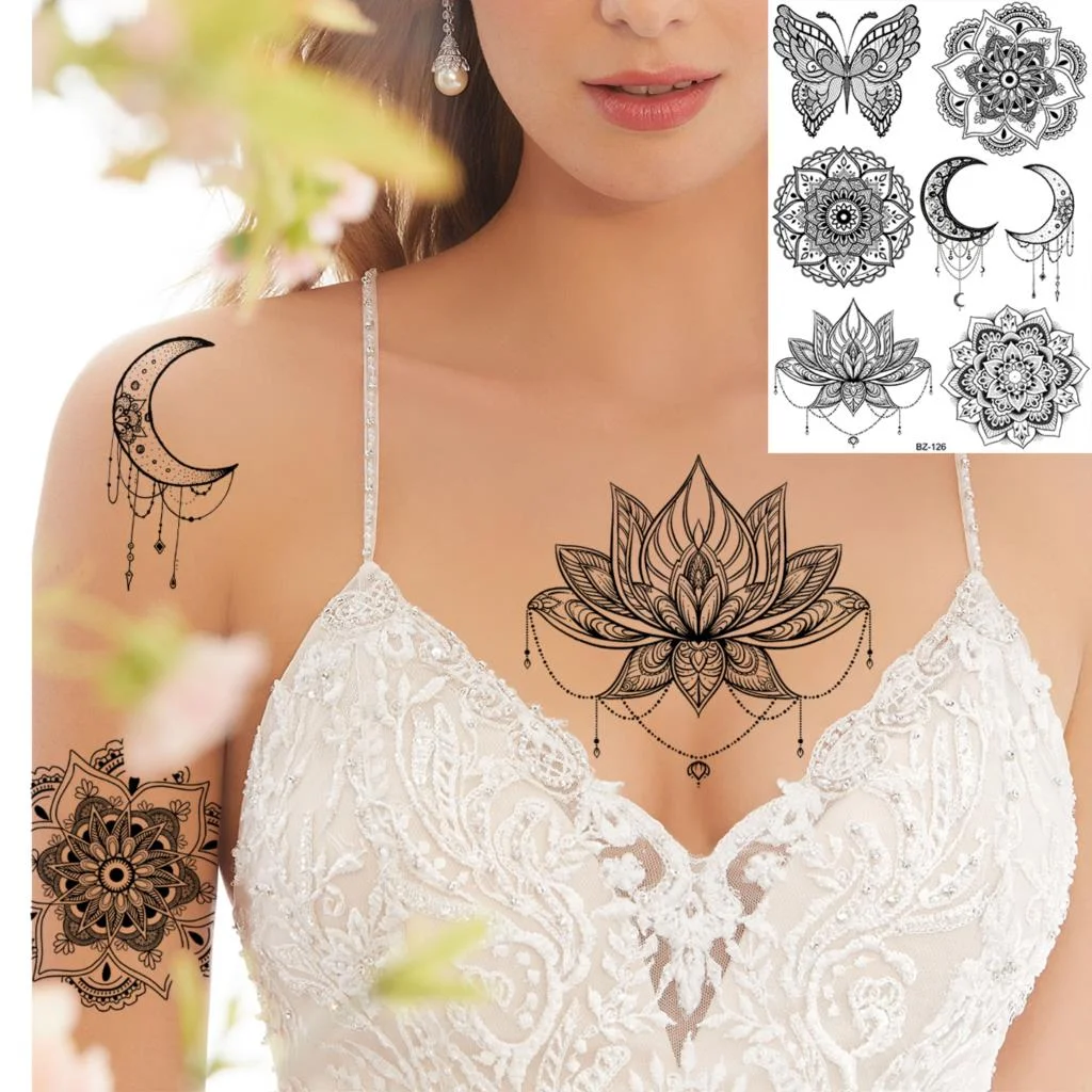 Henna Pendant Temporary Tattoos For Women Undertboob Girls Realistic Butterfly Rose Flower Fake Tattoo Sticker Chest Tatoos