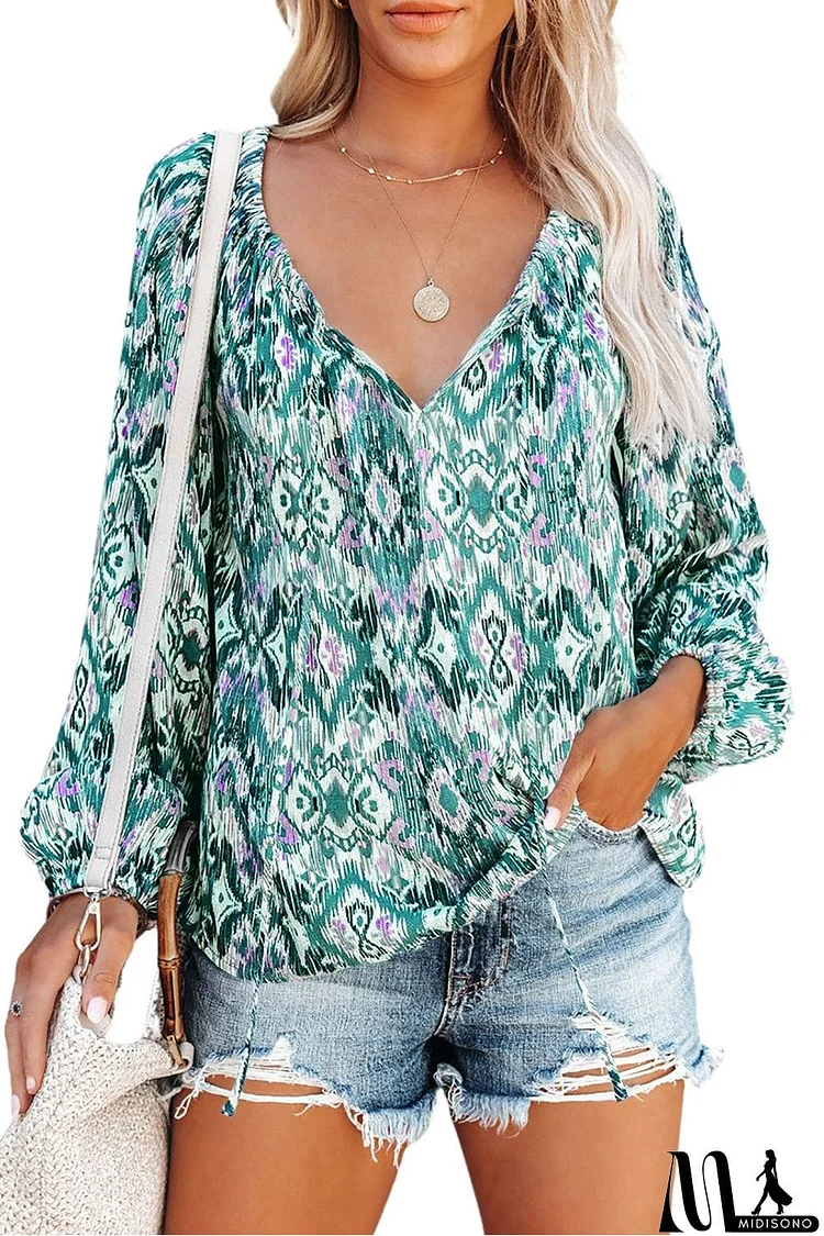 Vintage Print Split Neck Blouse