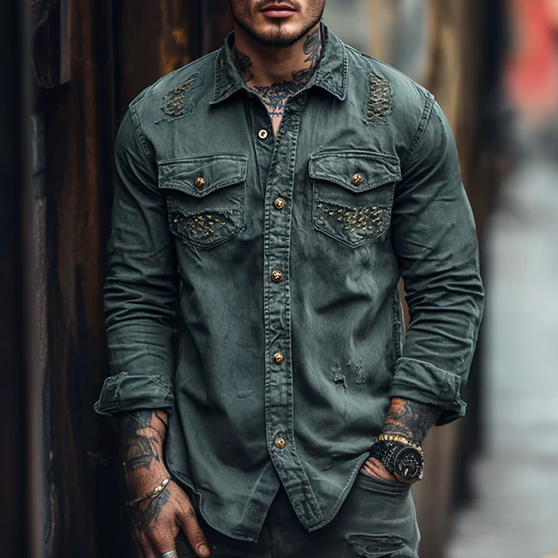 Men's Distressed Military-Inspired Long Sleeve Shirt