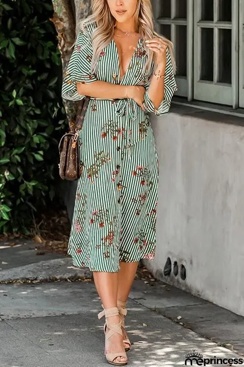 Stripe Print V neck Dress
