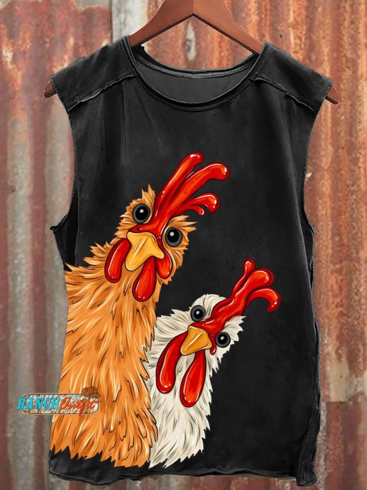 Vintage Farm Chicken Print 100% Cotton Casual Tank Top Multicolor / S