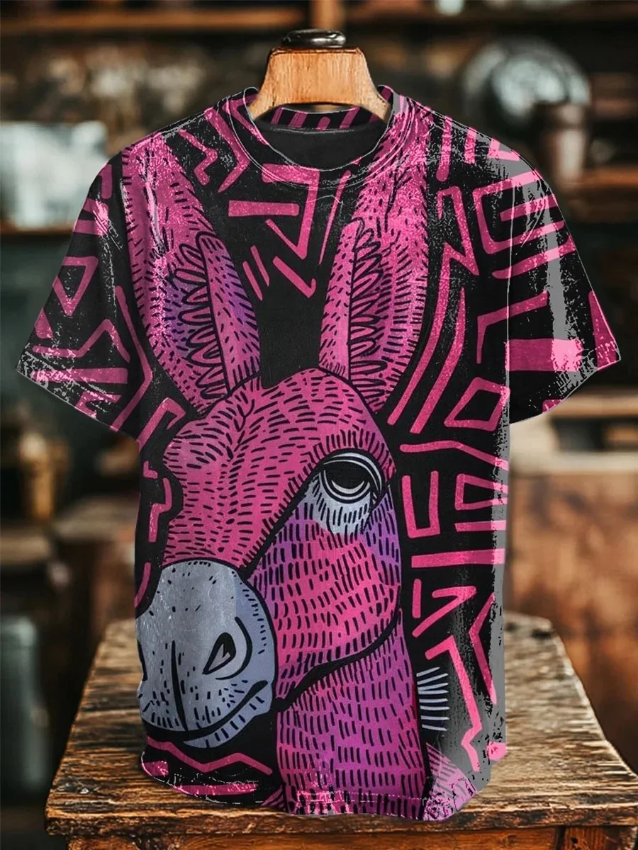 Eagerlys Unisex Retro Rose Donkey Art Print T-shirt Eagerlys