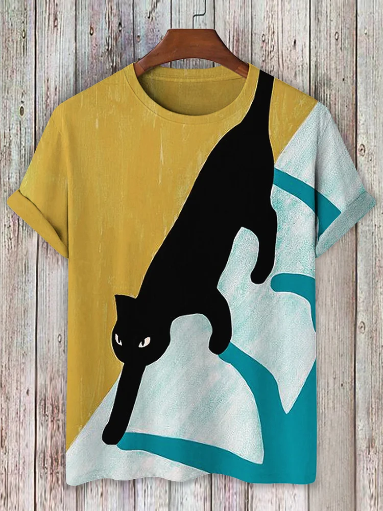 Men's Color Block Black Cat Blue Shadow Graphic Print Casual T-Shirt