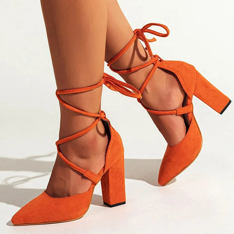 Orange Chunky Heel Shoes Pointed Vegan Suede Pumps Office Wrap Shoes |FSJ Shoes