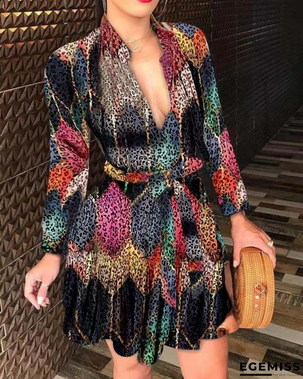 Autumn and Winter New Long Sleeve V-neck Bandage Fashion Sexy Printed Dress | EGEMISS