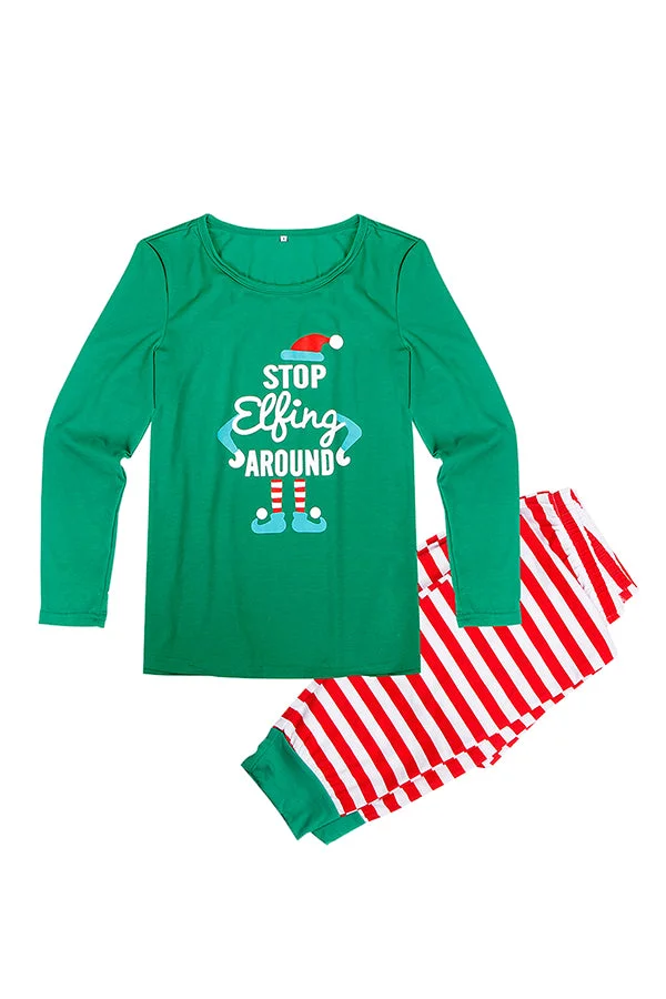 Womens Crew Neck Santa Stripe Printed Christmas Family Pajama Set Red-elleschic