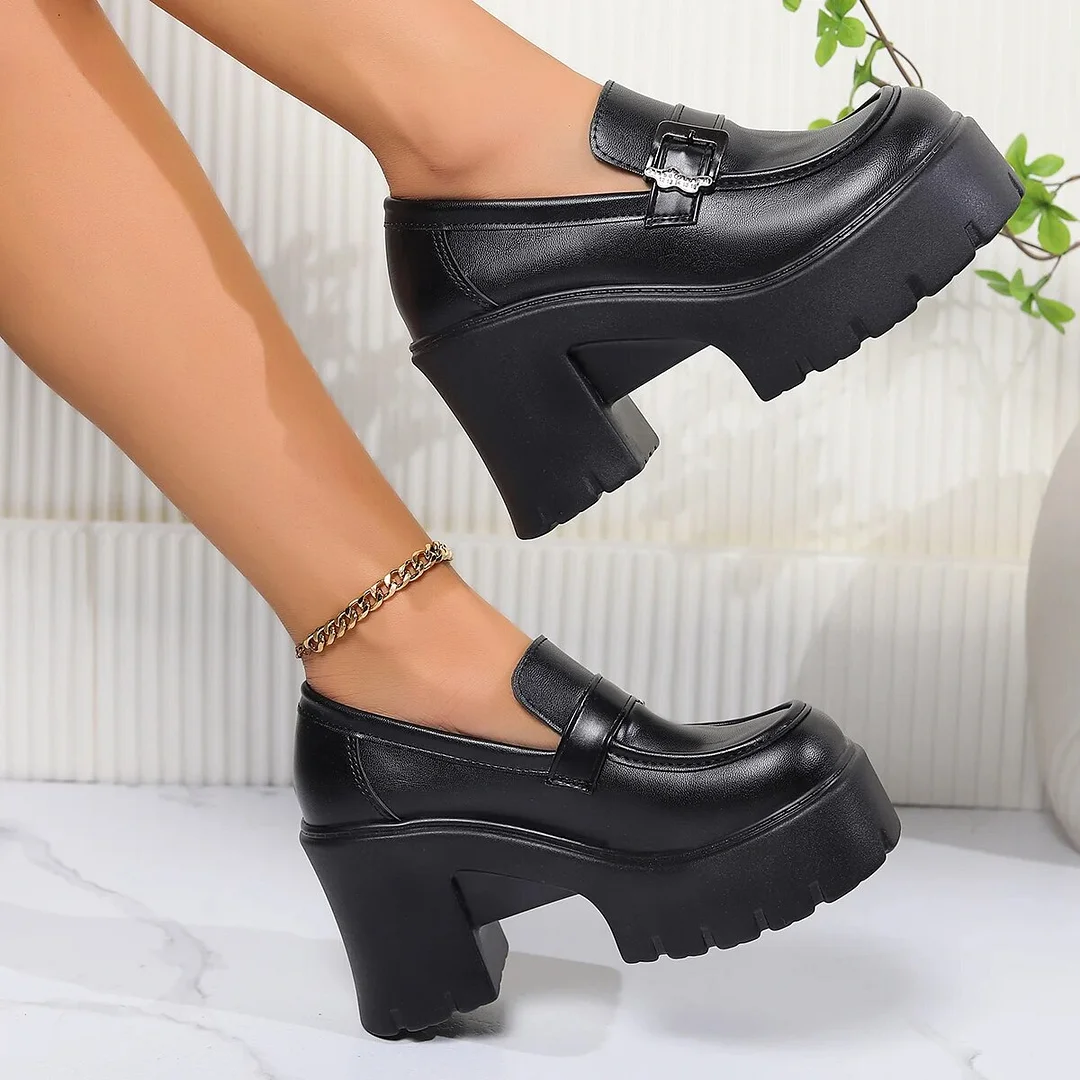 Yyvonne Black Chunky Heels Pumps Women Pu Leather Platform Loafers Woman Fashion Metal Buckle High Heels Dress Shoes Mary Janes