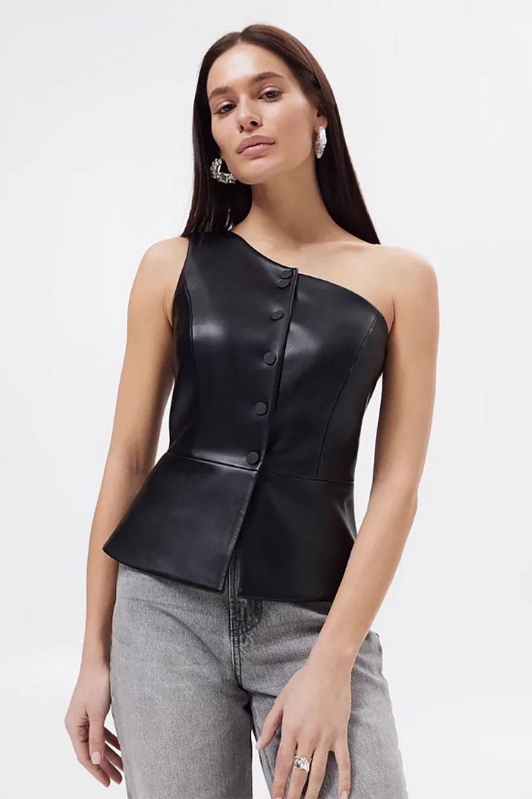 PU Leather One Shoulder Button Up Cinch Waist Top-Black