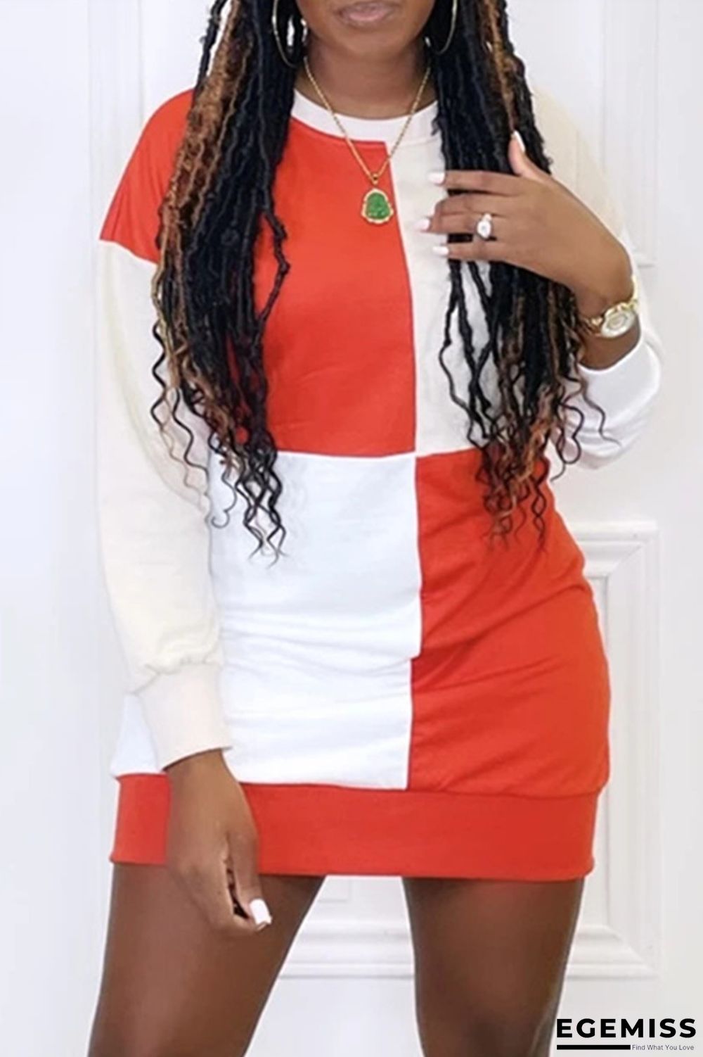 Tangerine Red Fashion Casual Patchwork Basic O Neck Long Sleeve Dresses | EGEMISS