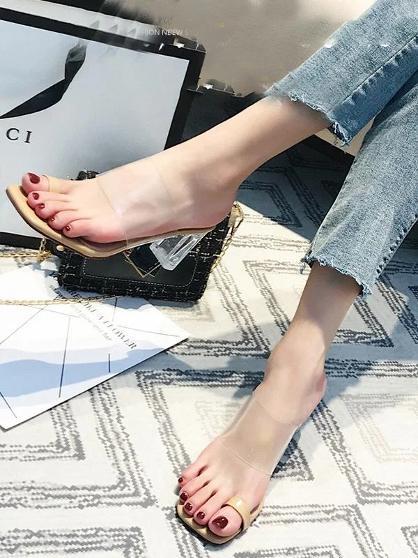 One word with thick heel crystal transparent high-heeled slippers