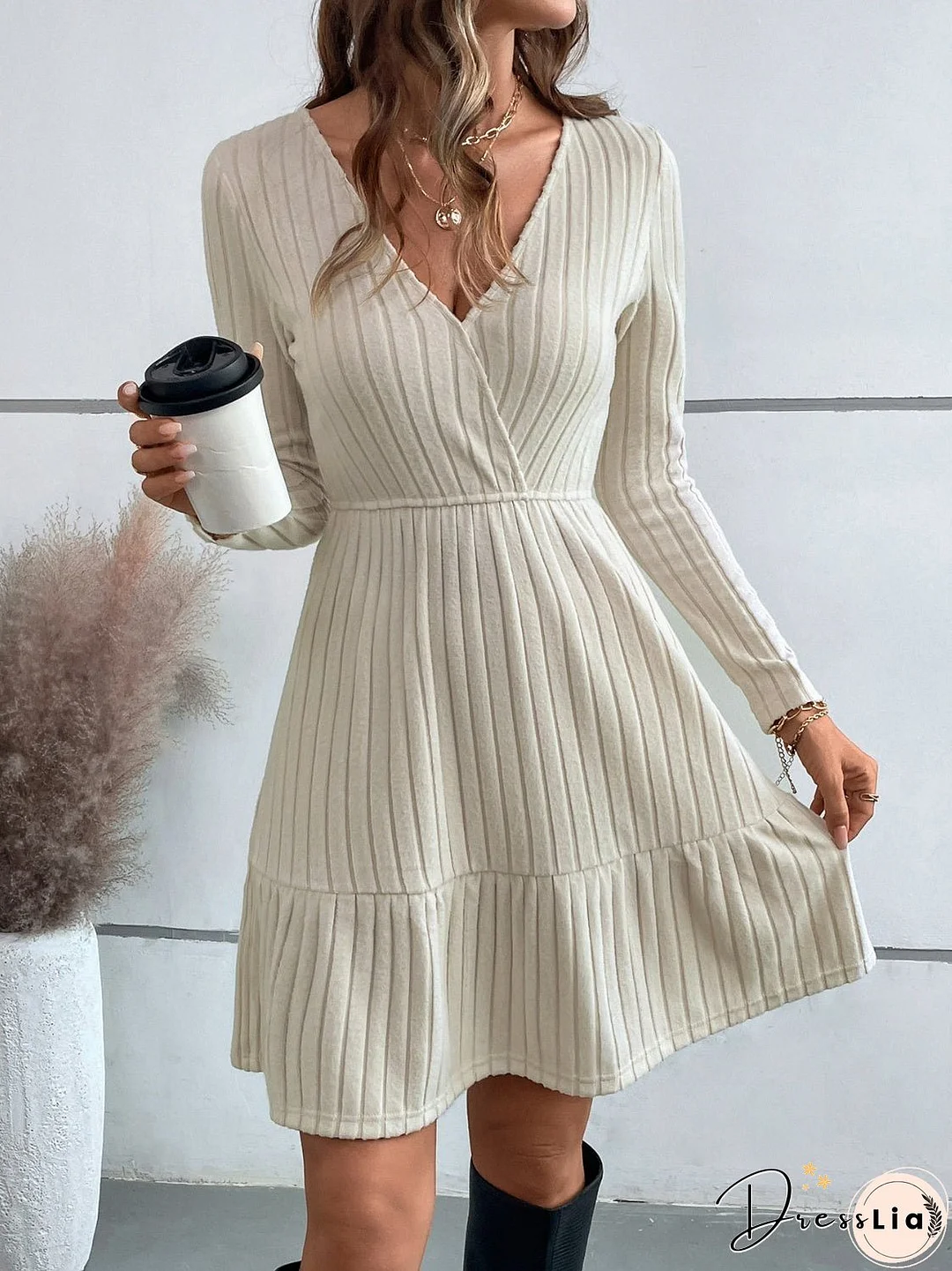 Ruffle Hem Surplice Long Sleeve Dress