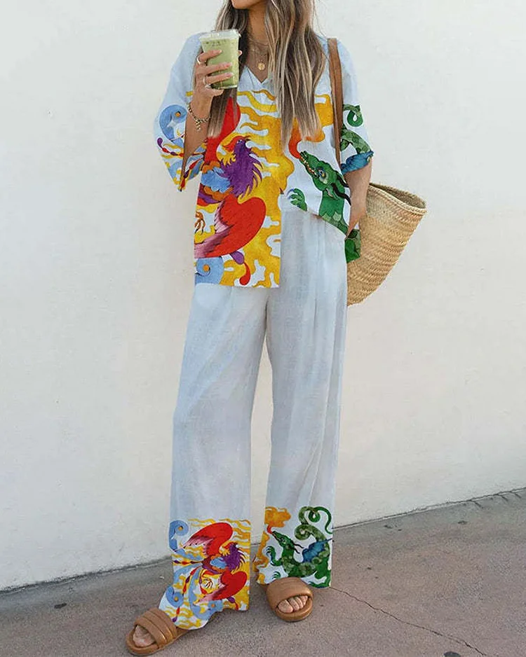 Printed Long-sleeved Shirt and Trousers Two-piece Suit