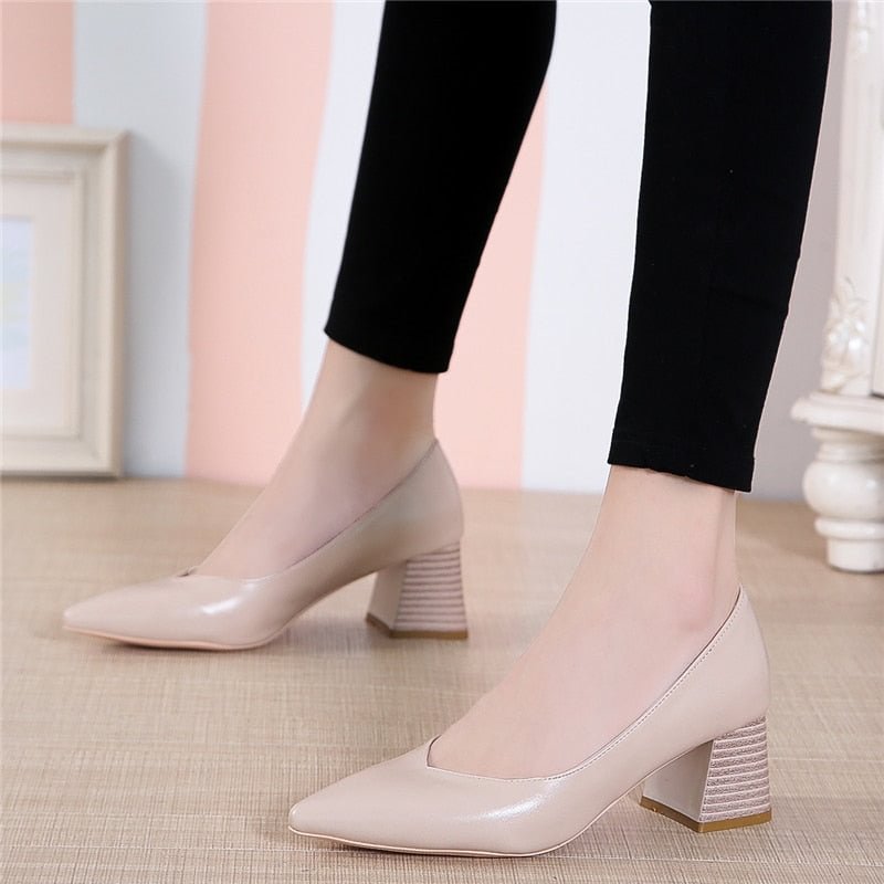 Pumps European style time simple comfortable high heels 2020 new pointed thick heel shoes pu single shoes wild women's shoes