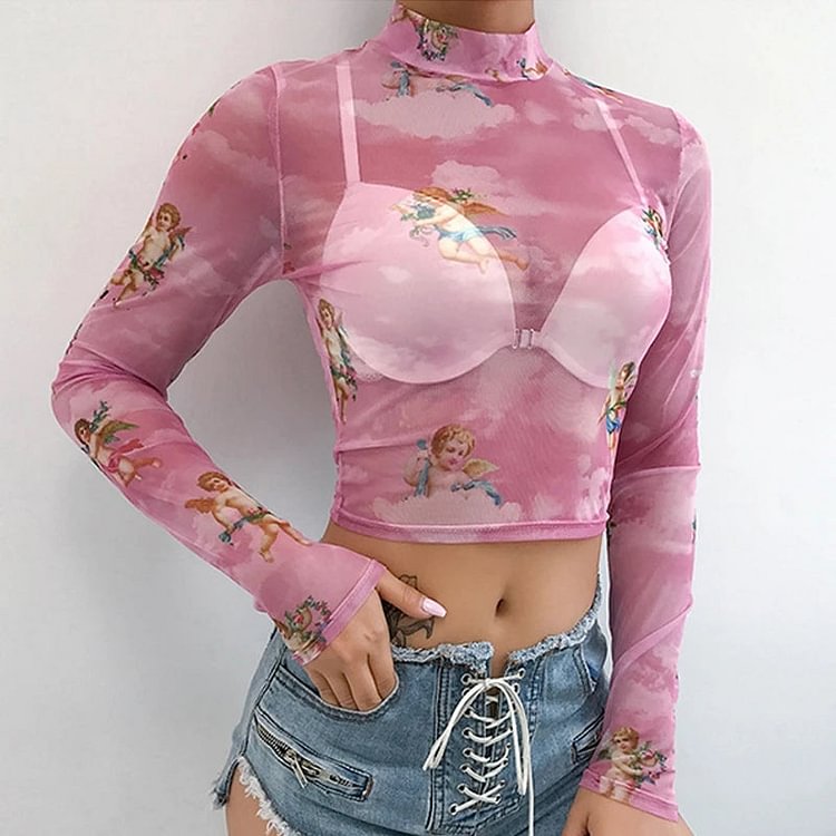 Angel Print Mesh Crop Top