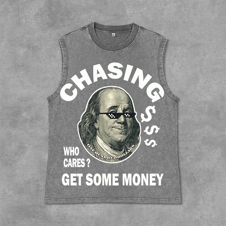 Vintage Chasing Money Graphic Print Acid Washed Sleeveless Tank Top SOPULA