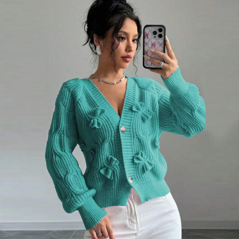 Athvotar Athvotar And Winter New Sweater Women's Tops Solid Color Long-Sleeved Bow Knitted Shirt Jacket