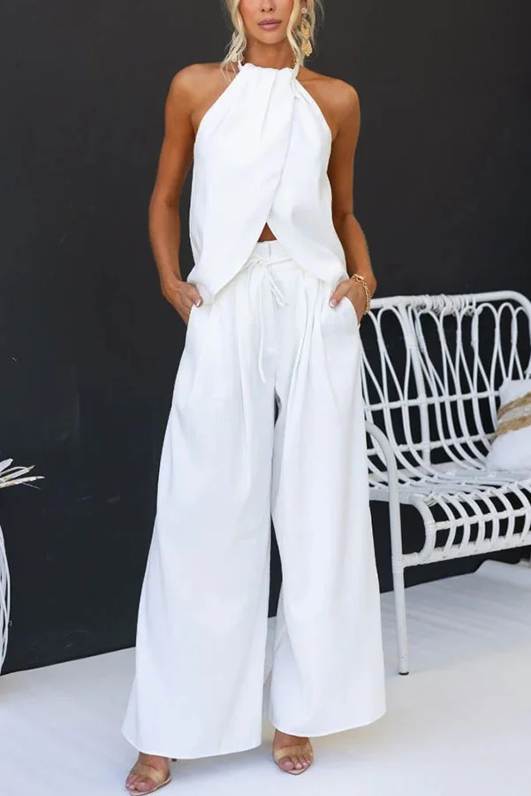 Gette Linen Blend Slit Front Top and High Rise Knoted Pocket Wide Leg Pants Set