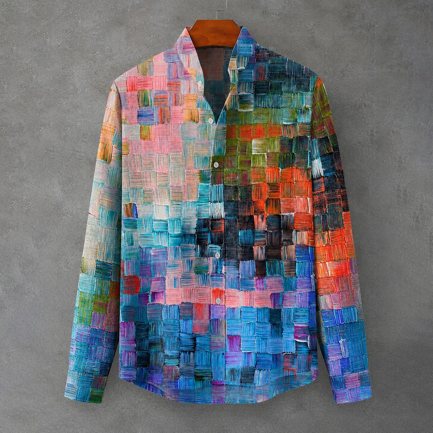Oil Painting Style Lattice Vintage Art Print Casual Cotton Linen Long Sleeve Shirt  artssus