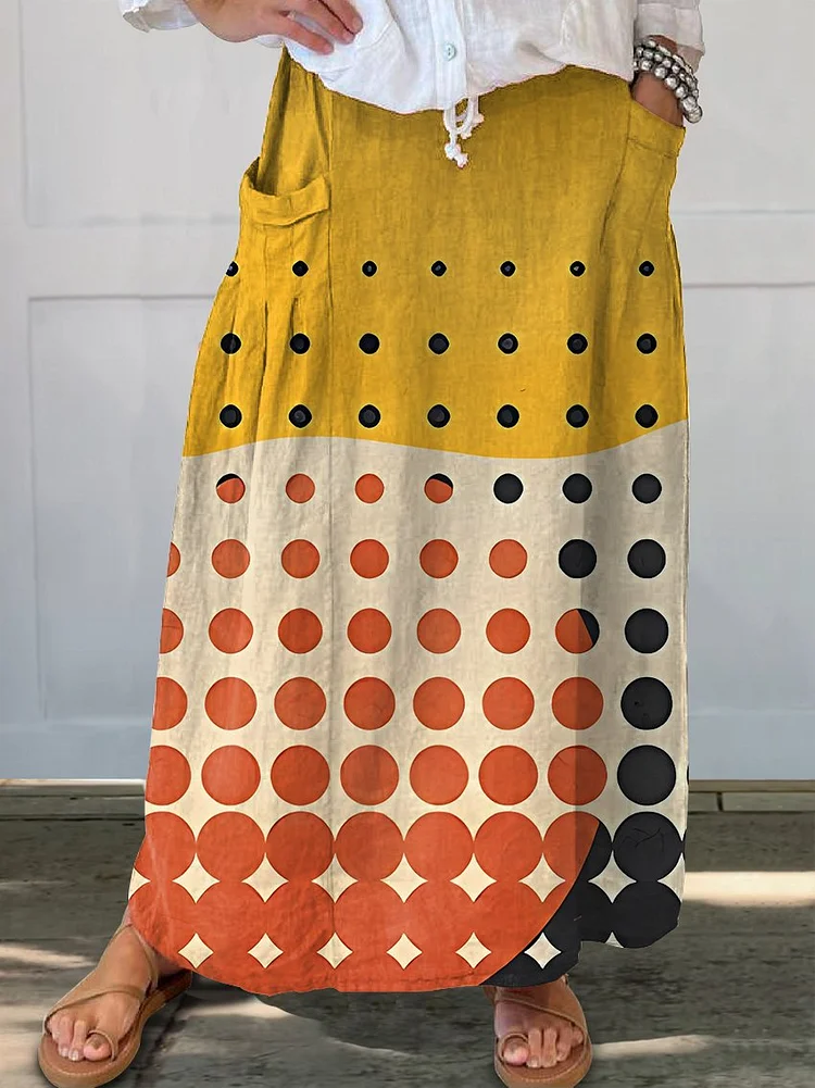 Women's Bohemian Polka Dot Abstract Art Linen Pocket Skirt