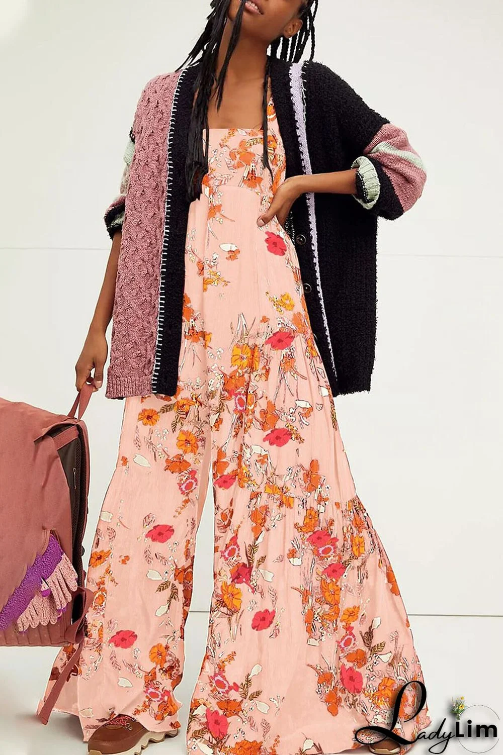 Burgundy Casual Print Split Joint Straight Jumpsuits