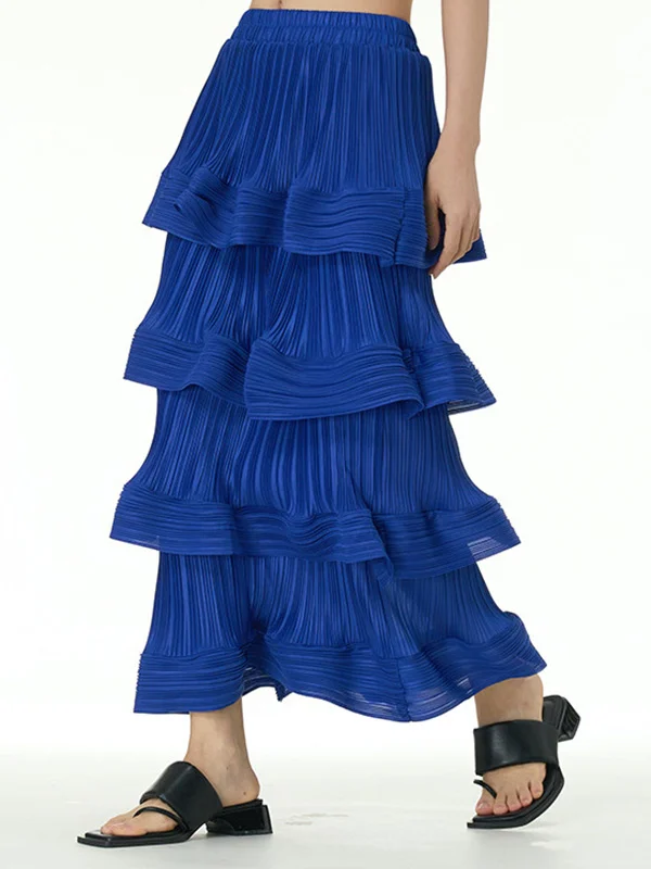 Loose Elasticity Layered Pleated Ruffled Solid Color Skirts Bottoms