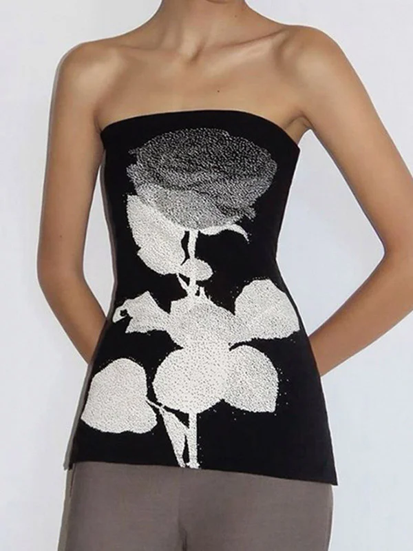 Contrast Color Flower Print Split-Side Skinny Sleeveless Tube Vest Top